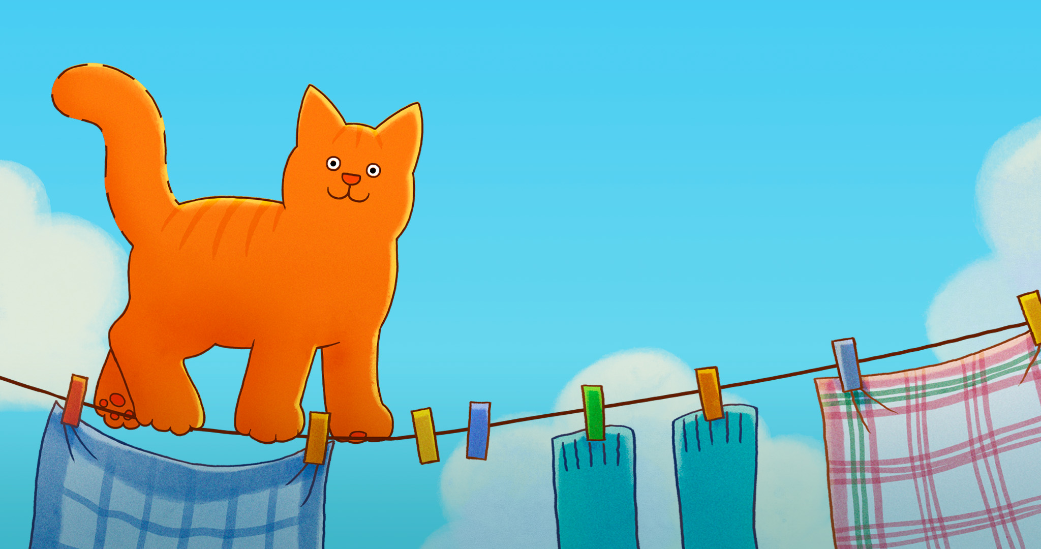 Geanimeerde oranje kat staat op een waslijn