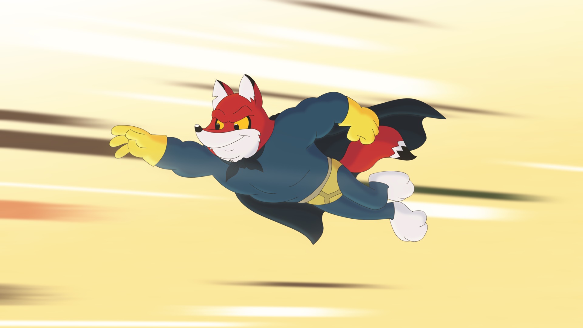 Animatie vos in superheld pak vliegt door de lucht