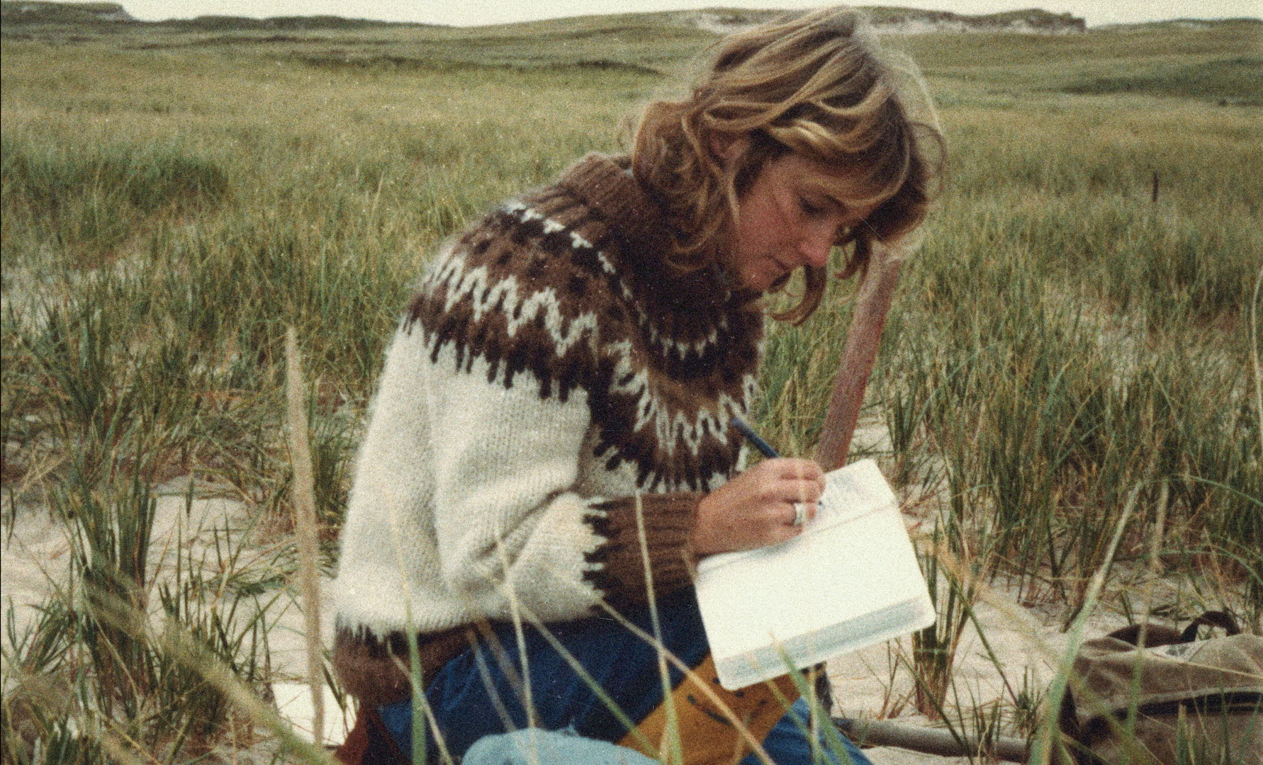 Vrouw met wollen trui schrijft in een boek op het gras