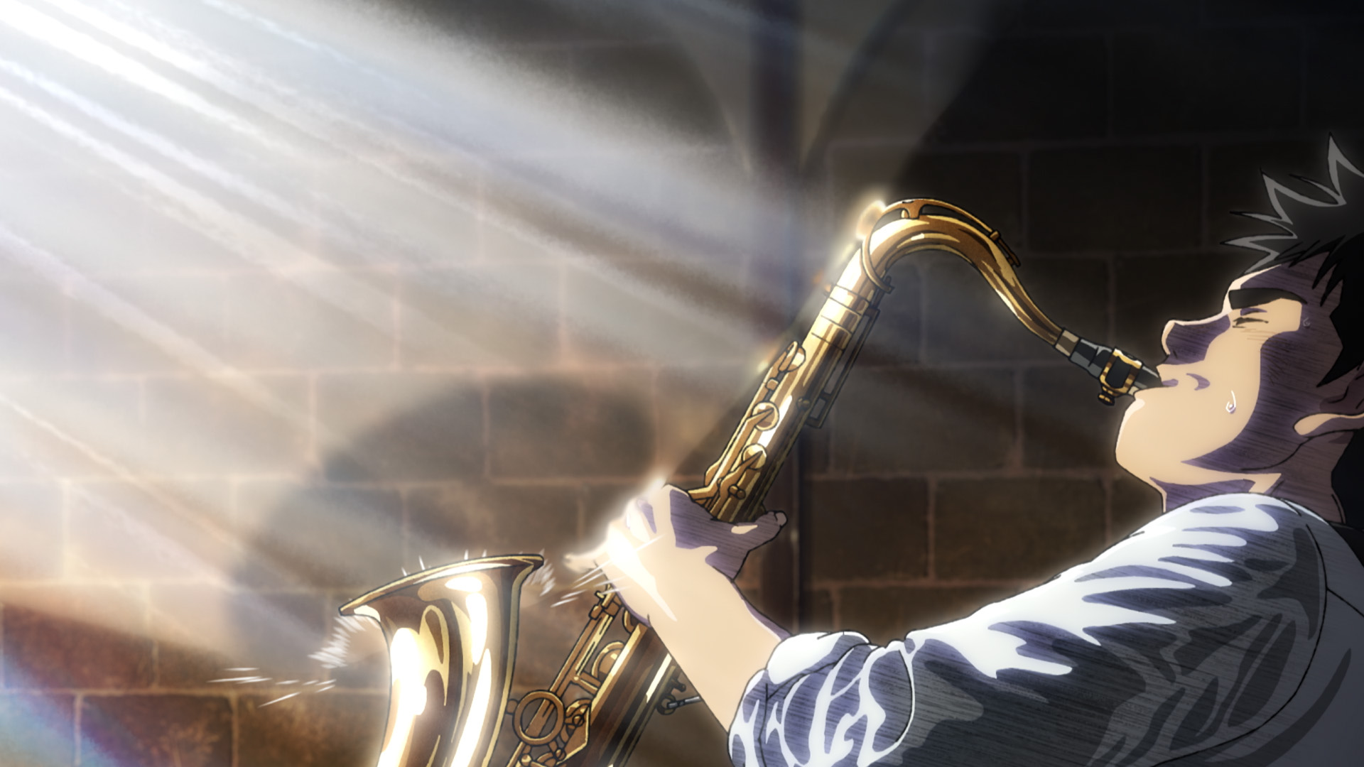 Geanimeerde man speelt gepassioneerd op de saxofoon