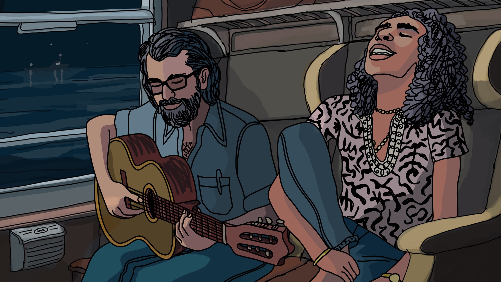 Een gitaar spelende man zit naast een vrouw in de trein