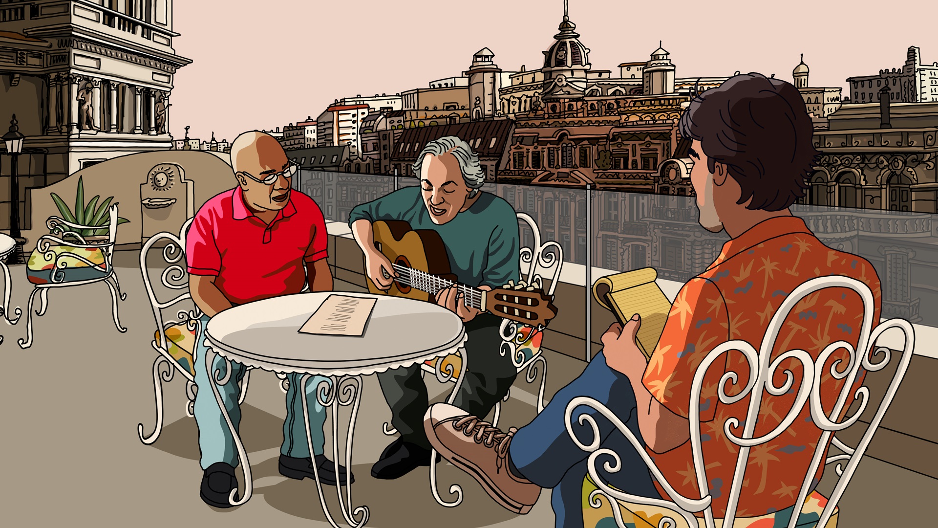 Drie mannen zitten op ene dakterras en zijn muziek aan het maken