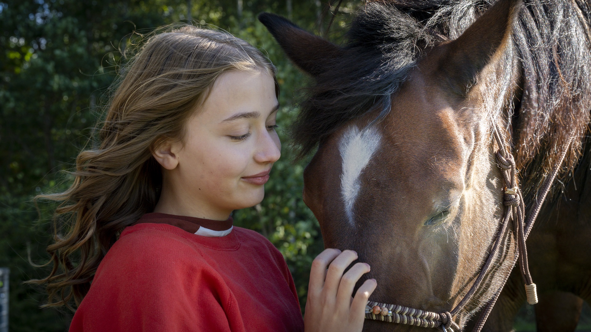 Meisje kijkt tevreden terwijl zij haar paard aait